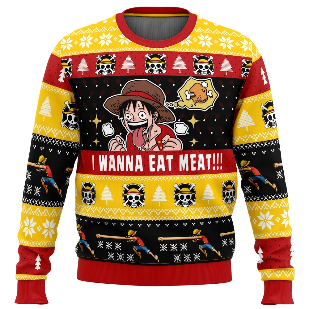 I Want To Eat Meat Luffy One Piece Ugly Christmas Sweater Perfect And Unique Gifts For Adults Kids On Christmas